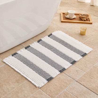 Waffle Bath Mat Non Slip, Boho Bathroom Rug, White/Taupe, 16"x24"