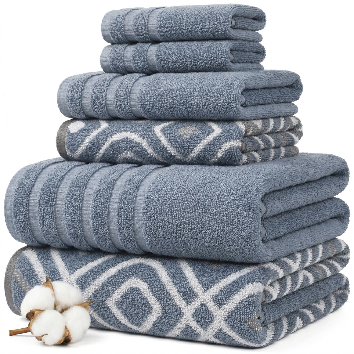 Modern Threads 6 Piece Bath Towel Set – Bathroom Set with 2 Bath Towels, 2 Hand Towels, and 2 Wash Cloths – 100% Cotton, Super Absorbent & Extra Soft – Reversible Classic Diamond (Gray)