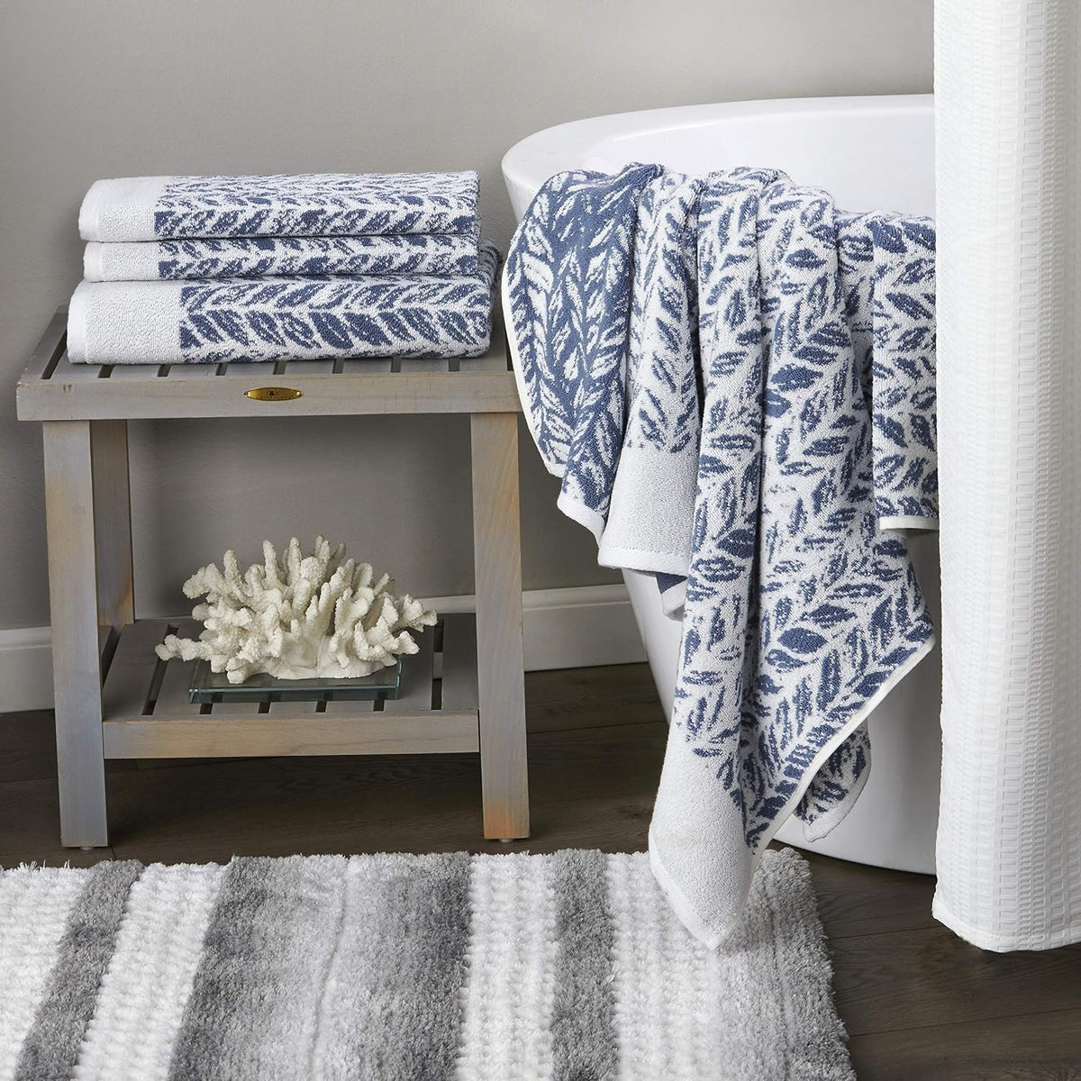 SKL Home Distressed Leaves Hand Towel Set-2pc, Turkish Cotton, Denim Blue