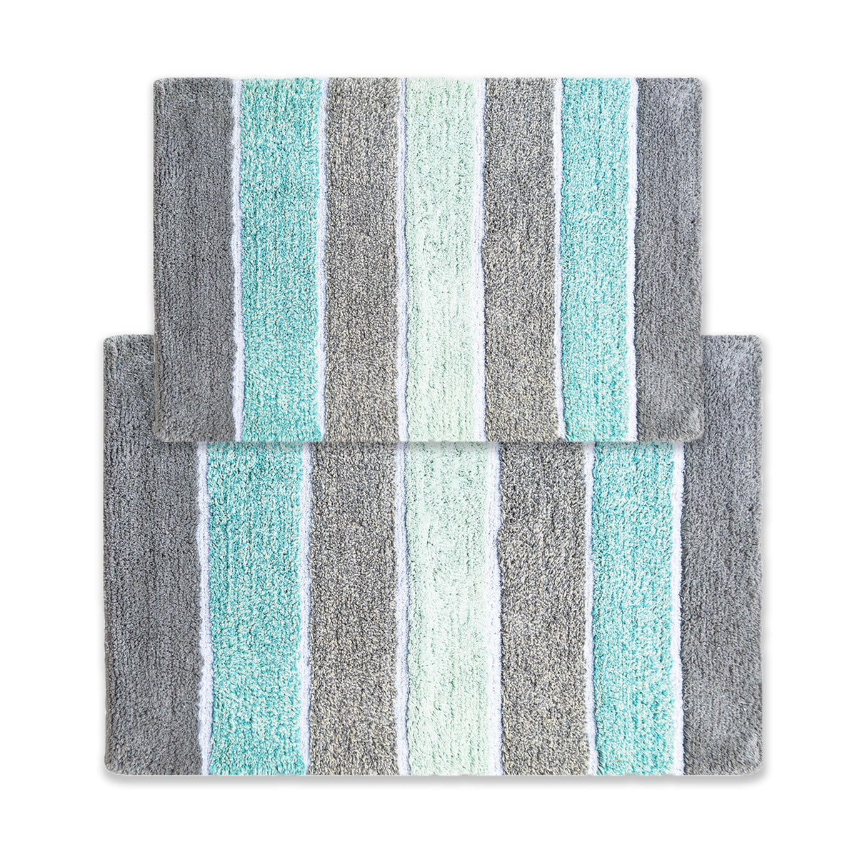 Chardin home Cordural Stripes Bath Mat, Set of 2 Bath Rugs (17 Inches x24 Inches & 21 Inches x34 Inches) | Non Slip Bathroom Rug, Machine Washable, Plush, Highly Absorbent | Bluish Gray- Beige