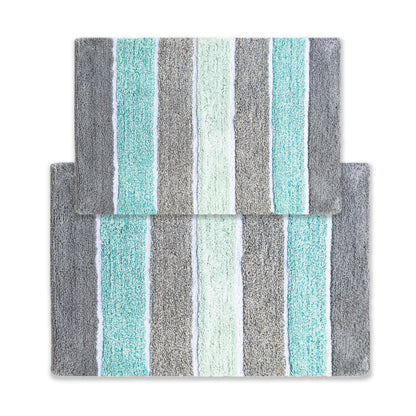 Chardin home Cordural Stripes Bath Mat, Set of 2 Bath Rugs (17 Inches x24 Inches & 21 Inches x34 Inches) | Non Slip Bathroom Rug, Machine Washable, Plush, Highly Absorbent | Bluish Gray- Beige