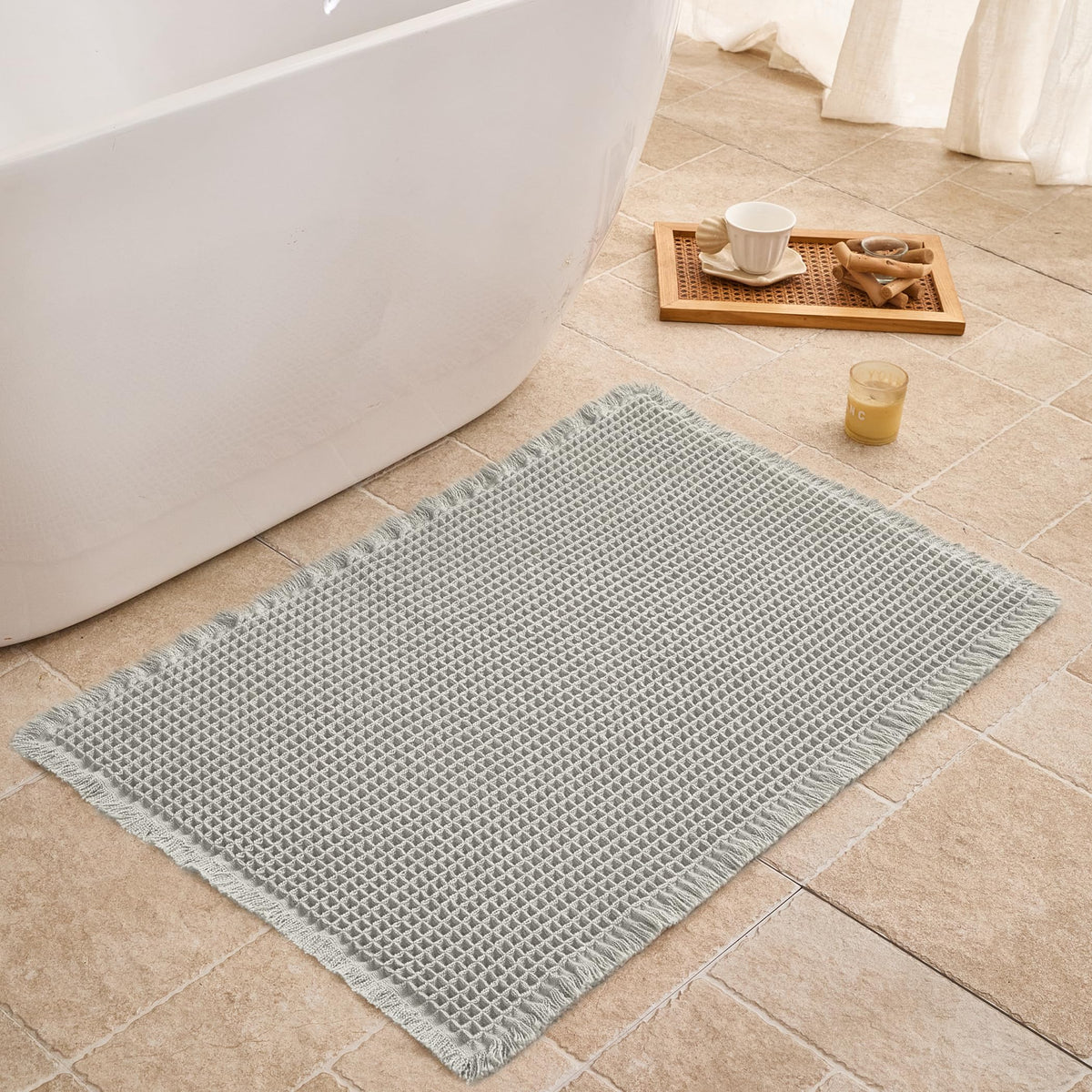 Waffle Bath Mat Non Slip, Boho Bathroom Rug, White/Taupe, 16"x24"