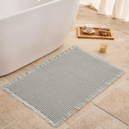Waffle Bath Mat Non Slip, Boho Bathroom Rug, White/Taupe, 16"x24"