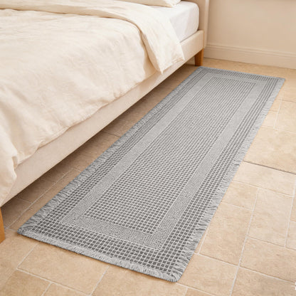 Waffle Bath Mat Non Slip, Boho Bathroom Rug, White/Taupe, 16"x24"