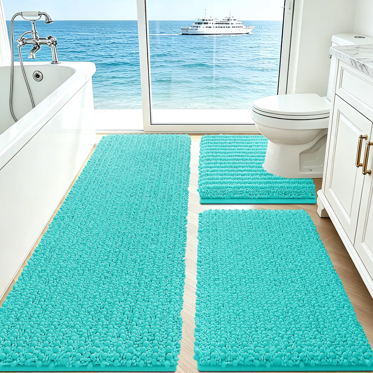 ACCUMTEK Upgrade Extra Large Black Bathroom Rug Set 3 Pieces Ultra Soft, Thick Absorbent Bath Mats, Non Slip Chenille Toilet Mat for Bathroom, Bedroom, Kitchen