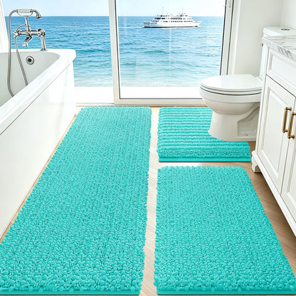 ACCUMTEK Upgrade Extra Large Black Bathroom Rug Set 3 Pieces Ultra Soft, Thick Absorbent Bath Mats, Non Slip Chenille Toilet Mat for Bathroom, Bedroom, Kitchen