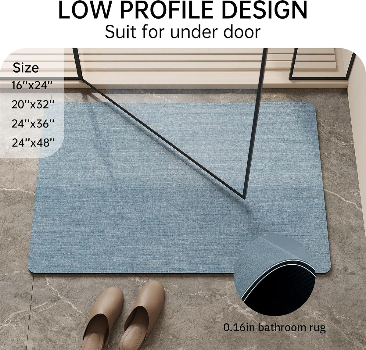 Mecko Bath Mat 16"x24",Ultra Thin Bathroom Rug fit Under Door Light Blue