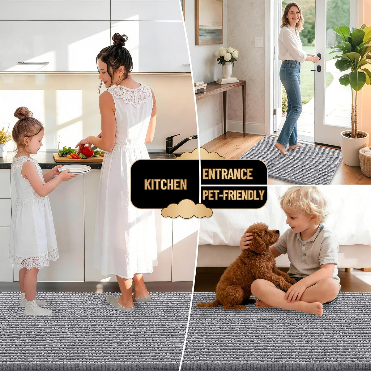 OLANLY Bathroom Rugs Sets 3 Piece, Super Soft Absorbent Chenille Bath Mats and U-Shaped Toilet Rug, Quick Dry, Home Decor, Bath Mat Set for Bathroom (24"x16"+24"x20"+30"x20", Grey)