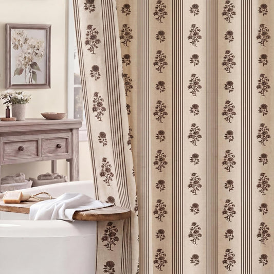 Cottagecore Floral Linen Shower Curtain Brown Block Print Cottage Core Neutral Striped Farmhouse Decorative Curtain Set for Rustic Farmhouse Frenchy Bathroom Decor, 72'' x 72''