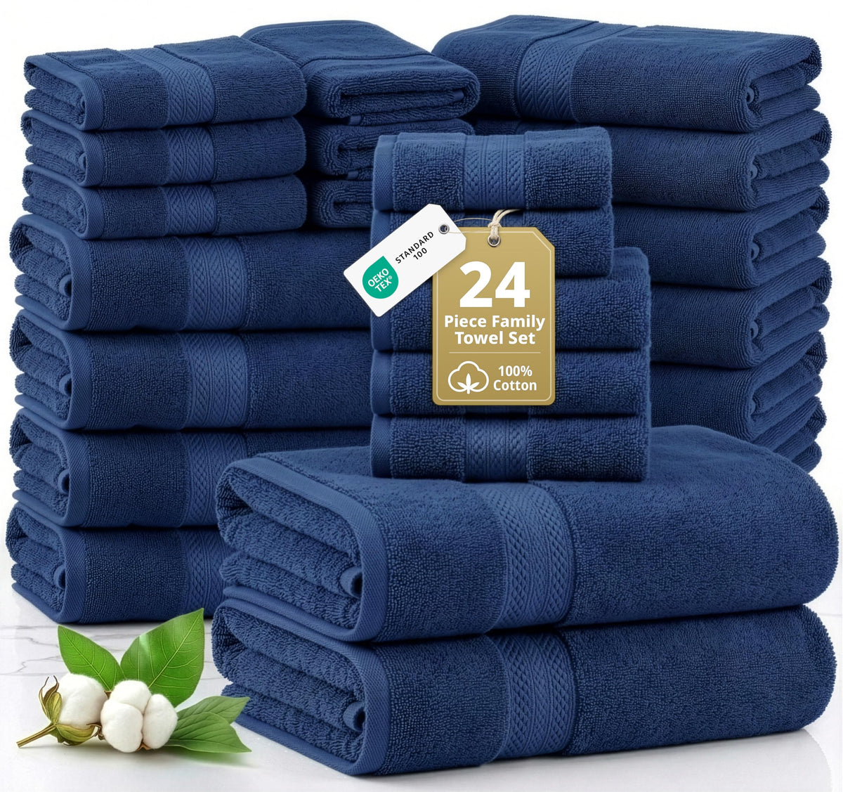 LANE LINEN 100% Cotton Bath Towels Set - 24 PCs - Durable, Quick Dry, Super Soft & Highly Absorbent - 4 Bath, 4 Fingertip, 6 Hand Towels, 8 Washcloths, 2 Bath Sheets - Perfect Family Set - Cool Grey