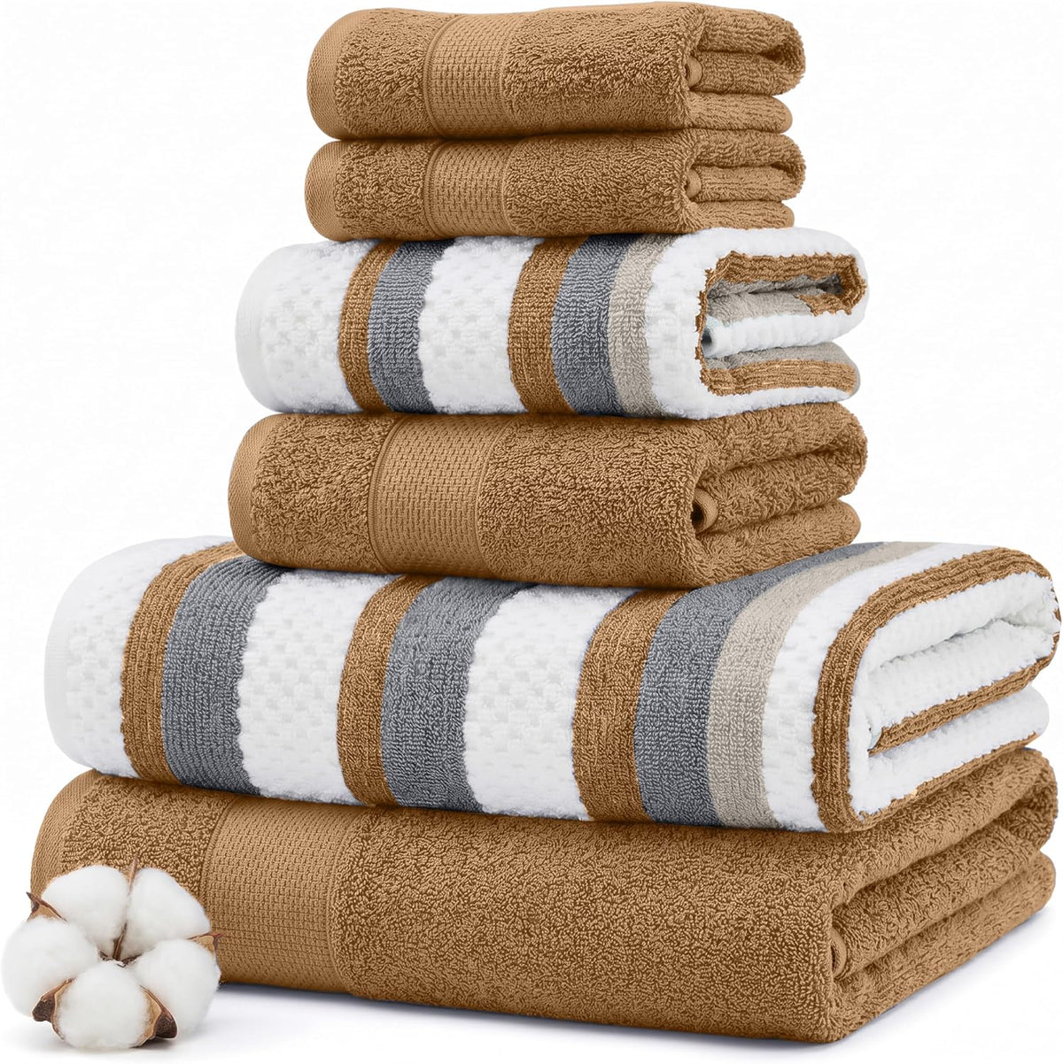 Modern Threads 6 Piece Bath Towel Set – Bathroom Towel Set with 2 Bath Towels, 2 Hand Towels & 2 Washcloths – 100% Cotton, Soft & Absorbent – Wide Stripe (Gold)