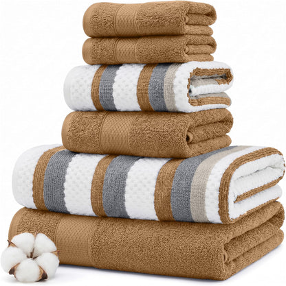 Modern Threads 6 Piece Bath Towel Set – Bathroom Towel Set with 2 Bath Towels, 2 Hand Towels & 2 Washcloths – 100% Cotton, Soft & Absorbent – Wide Stripe (Gold)