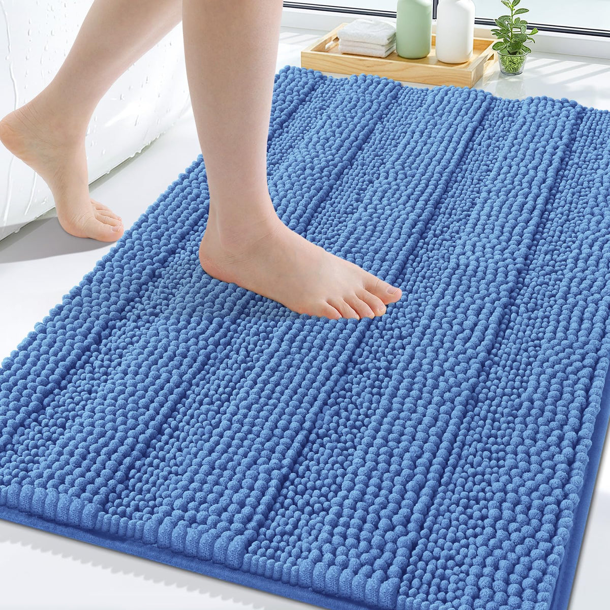Grandaily Chenille Striped Bathroom Rugs 36x24, Extra Thick and Absorbent Bath Mats, Non-Slip Soft Plush Shaggy Shower Carpet, Machine Wash Dry, Bath Rug for Bathroom, (Large, Light Grey)