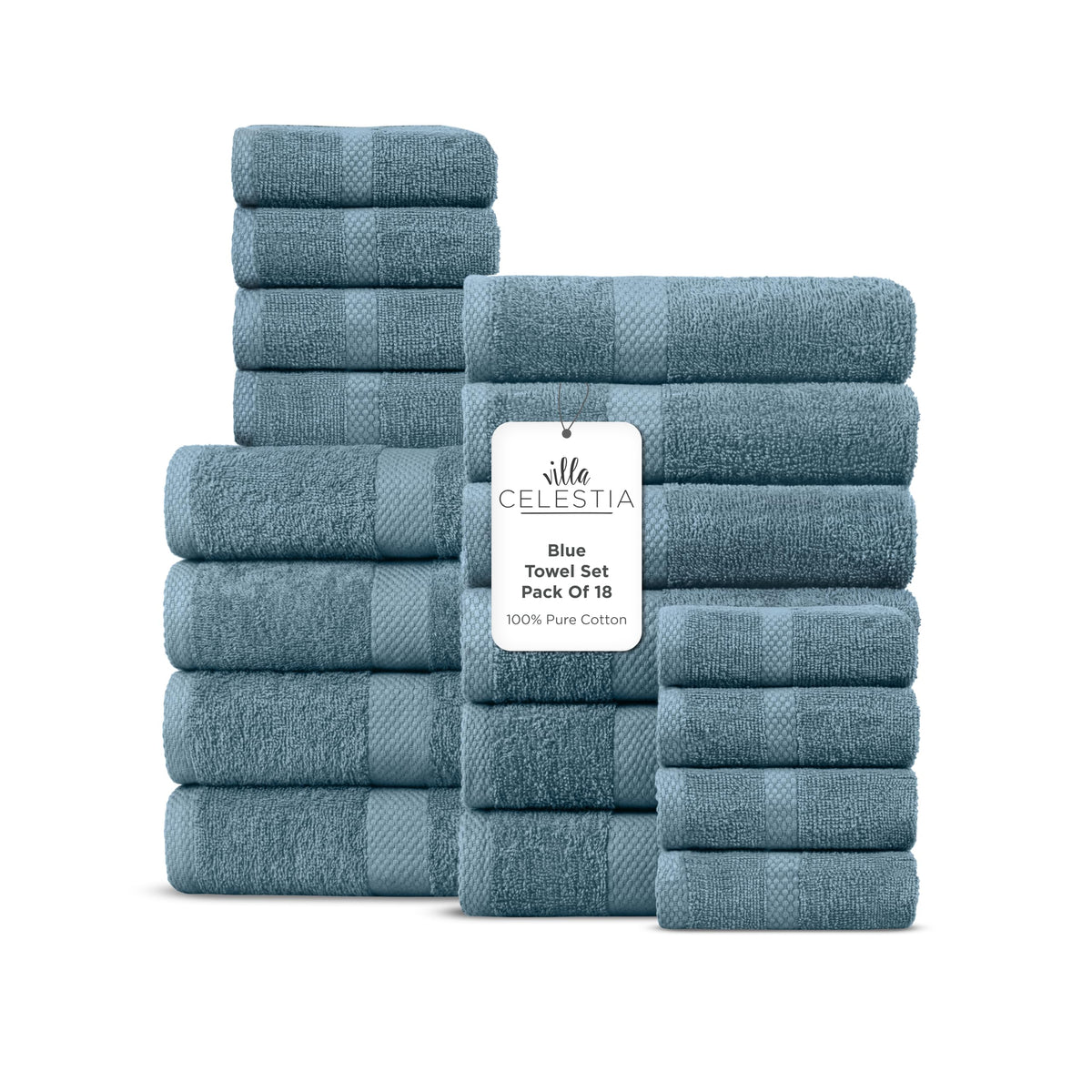 Villa Celestia 100% Cotton Bath Towel Set of 18-4 Bath Towels, 6 Hand Towels, 8 Wash Cloths, Sustainable, Soft, Highly Absorbent, Combed Cotton 18 Piece Set for Hotels, Spa, Bathroom, Dorm, Blue