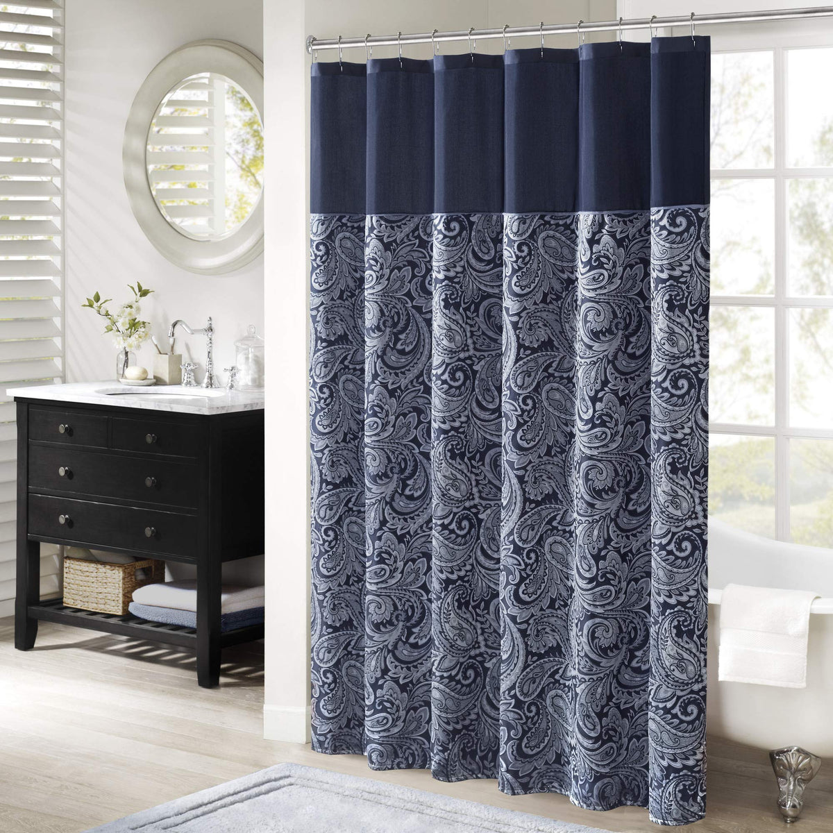 Madison Park Aubrey Shower Curtain for Bathroom, Jacquard, 72 x 72, Navy