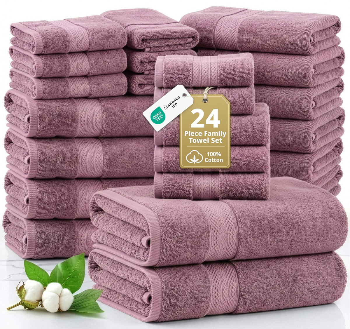 LANE LINEN 100% Cotton Bath Towels Set - 24 PCs - Durable, Quick Dry, Super Soft & Highly Absorbent - 4 Bath, 4 Fingertip, 6 Hand Towels, 8 Washcloths, 2 Bath Sheets - Perfect Family Set - Cool Grey