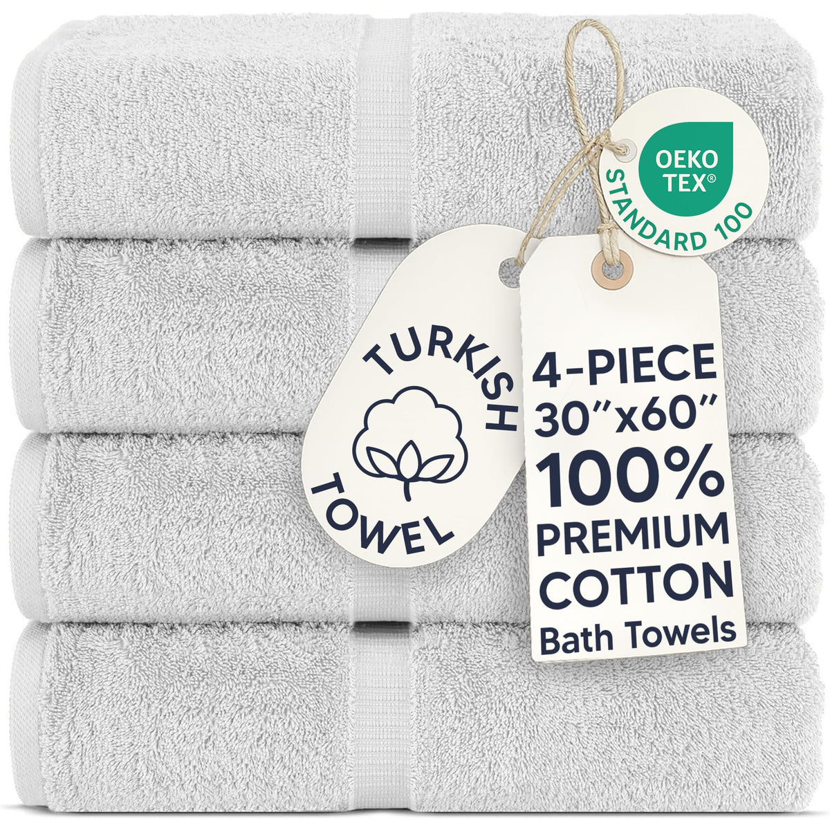 Chakir Turkish Linens 100% Cotton 4-Pack Bath Towels 27x54, Gray