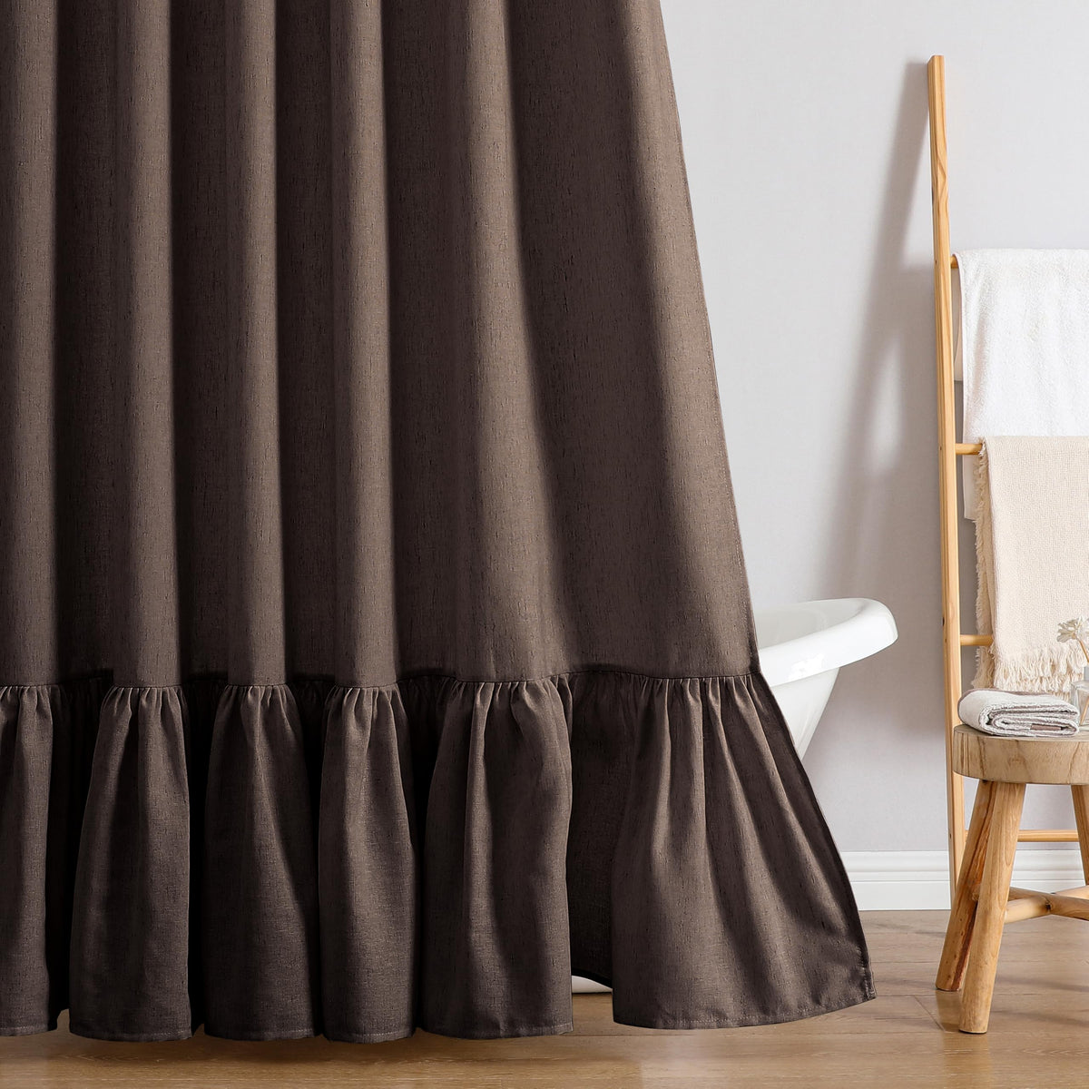 QiyI Boho Ruffle Shower Curtain, Linen Blend Fabric, Natural, 72 x 72
