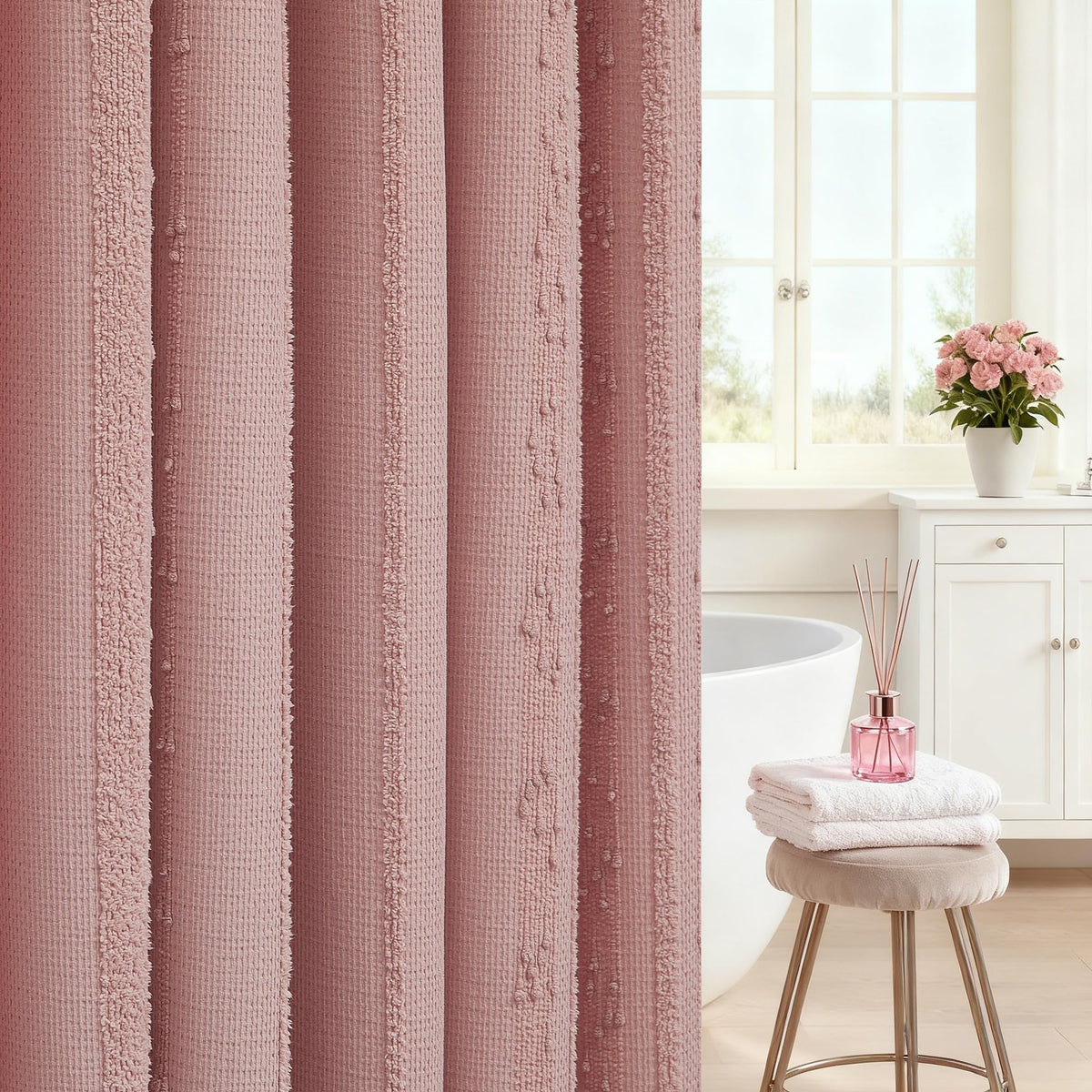 Extra Long White Shower Curtain Boho, 72 x 84 Cotton Blend Waffle Weave Stripe Textured Heavy Duty, Fabric Shower Curtain for Bathroom, Hotel, Washable