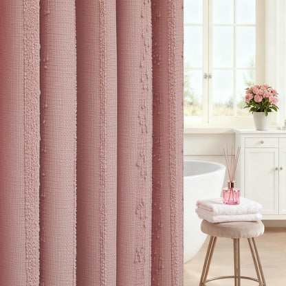 Extra Long White Shower Curtain Boho, 72 x 84 Cotton Blend Waffle Weave Stripe Textured Heavy Duty, Fabric Shower Curtain for Bathroom, Hotel, Washable
