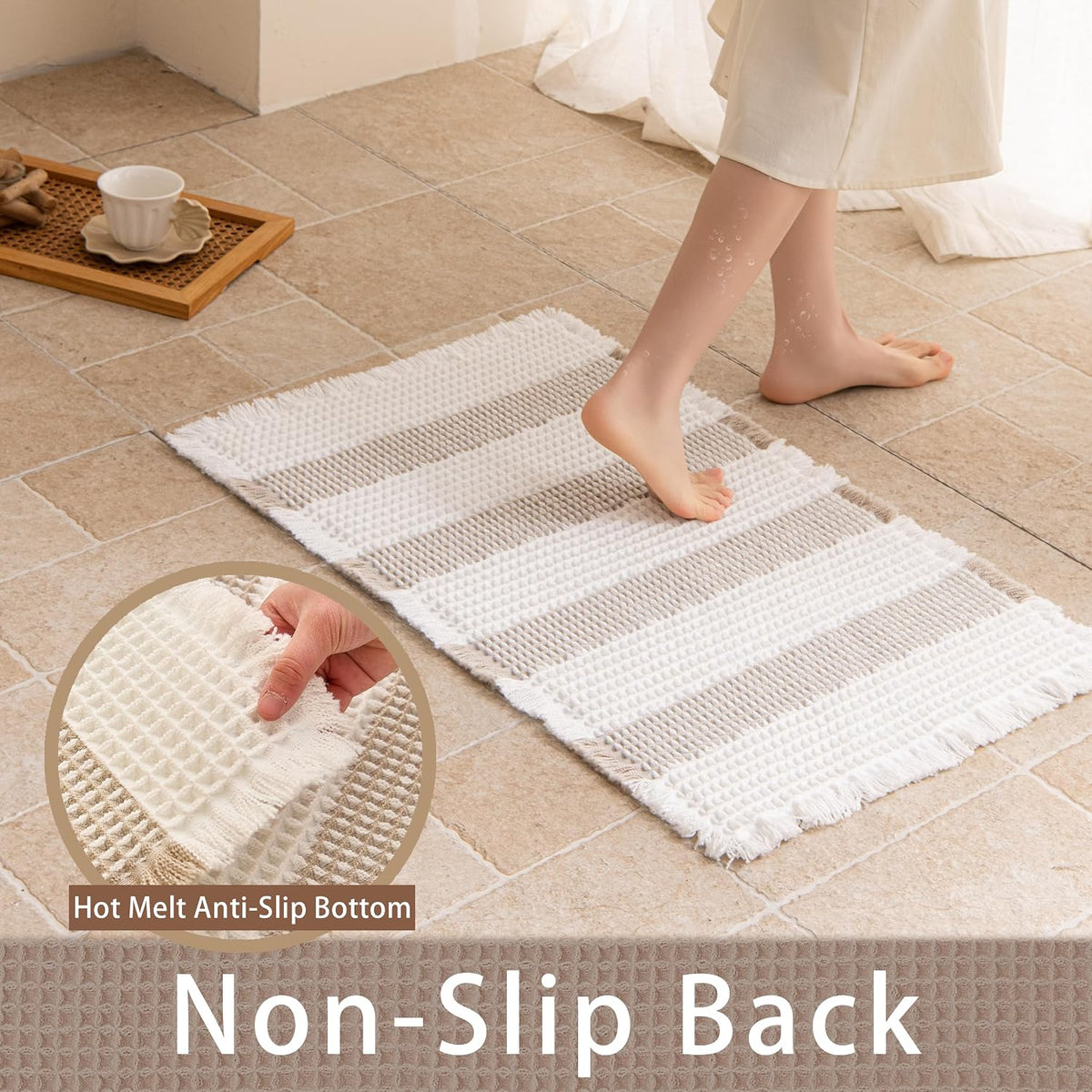 Waffle Bath Mat Non Slip, Boho Bathroom Rug, White/Taupe, 16"x24"