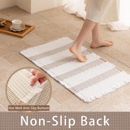 Waffle Bath Mat Non Slip, Boho Bathroom Rug, White/Taupe, 16"x24"