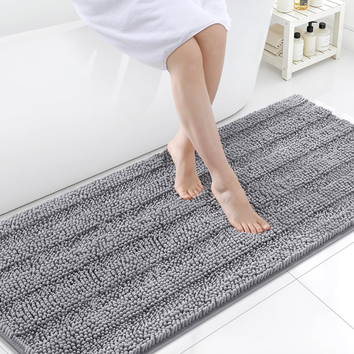 Grandaily Chenille Striped Bathroom Rugs 36x24, Extra Thick and Absorbent Bath Mats, Non-Slip Soft Plush Shaggy Shower Carpet, Machine Wash Dry, Bath Rug for Bathroom, (Large, Light Grey)