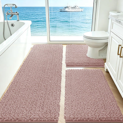 ACCUMTEK Upgrade Extra Large Black Bathroom Rug Set 3 Pieces Ultra Soft, Thick Absorbent Bath Mats, Non Slip Chenille Toilet Mat for Bathroom, Bedroom, Kitchen