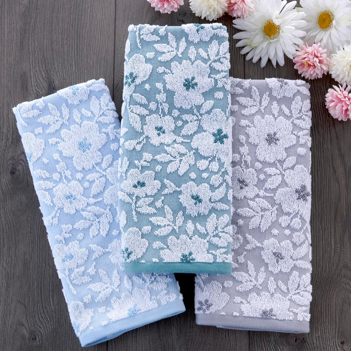 SKL Home Floral Hand Towel Set-2pc, 100% Cotton Jacquard, Gray
