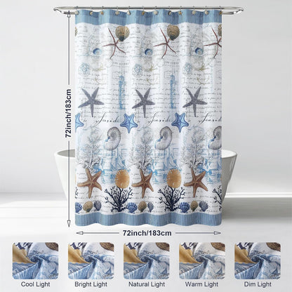 Coastal Seashell Fabric Shower Curtain, Under The Sea Beach Ocean Theme Shower Curtain with Starfish & Coral, Waterproof Blue Nautical Decorative Bathroom Curtains, 72" W x 72" H