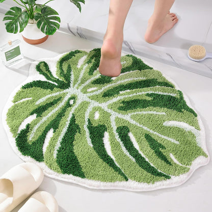 Panstar Large Monstera Leaf Bath Mat, Non Slip Green Plant Bathroom Rug, Absorbent Cute Palm Shaped Bathtub Rug Bathroom Plush Shower Rugs (32"X26")