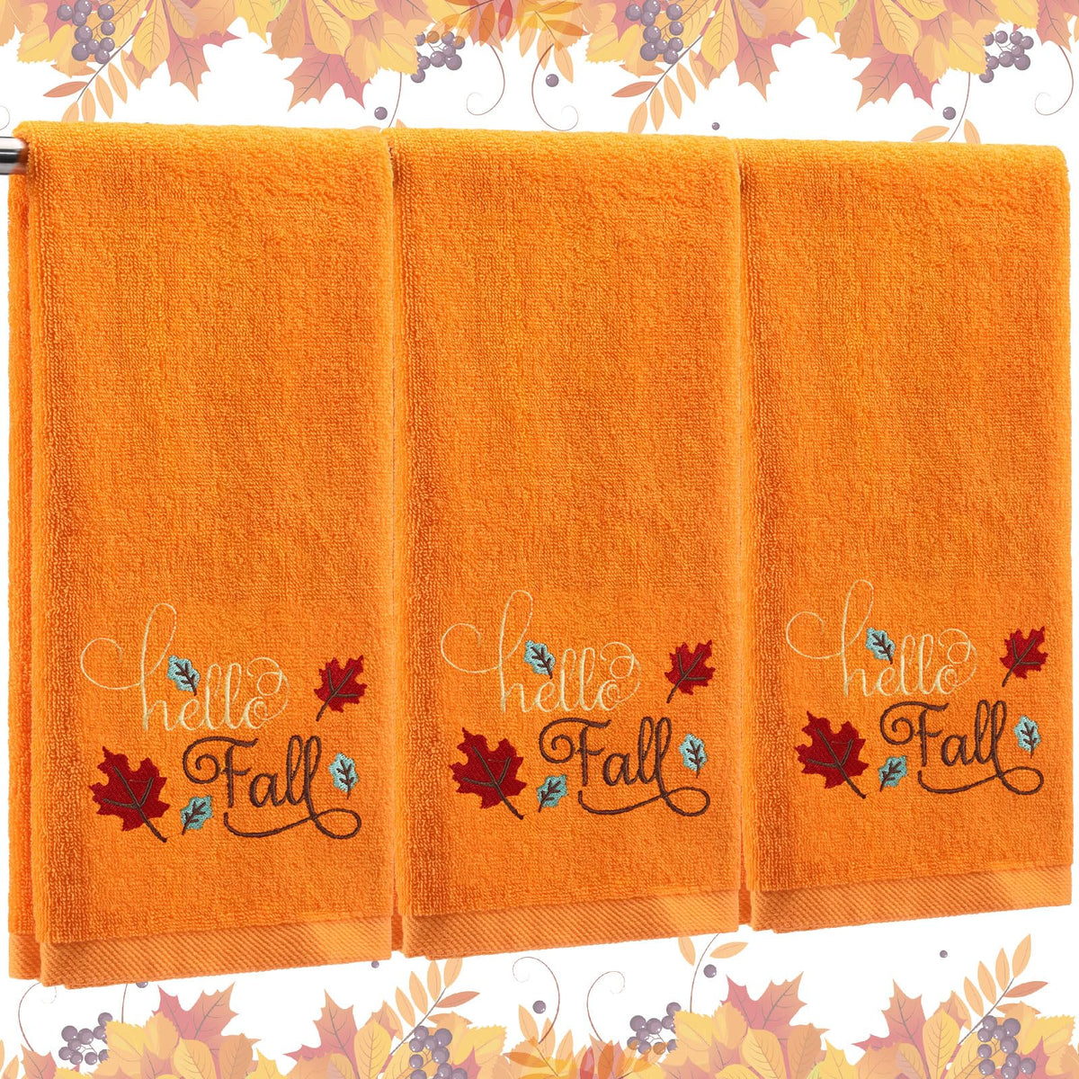 Fanfanwin 3 Pcs Fall Hand Towels for Bathroom 13.8 x 29.5 Inch Autumn Decorative Bath Towels Sets 100% Cotton Embroidered Pumpkin Maple Thanksgiving Bathroom Decor(Orange and Brown,Pumpkin)