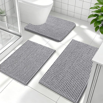 OLANLY Bathroom Rugs Sets 3 Piece, Super Soft Absorbent Chenille Bath Mats and U-Shaped Toilet Rug, Quick Dry, Home Decor, Bath Mat Set for Bathroom (24"x16"+24"x20"+30"x20", Grey)
