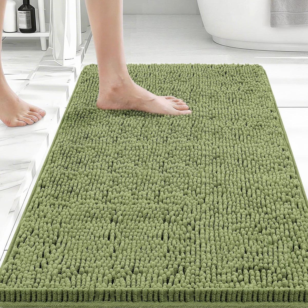 Bcoimo Bath Rug Mat,Sage Chenille High Absorbent Long Bathroom Runner Rugs