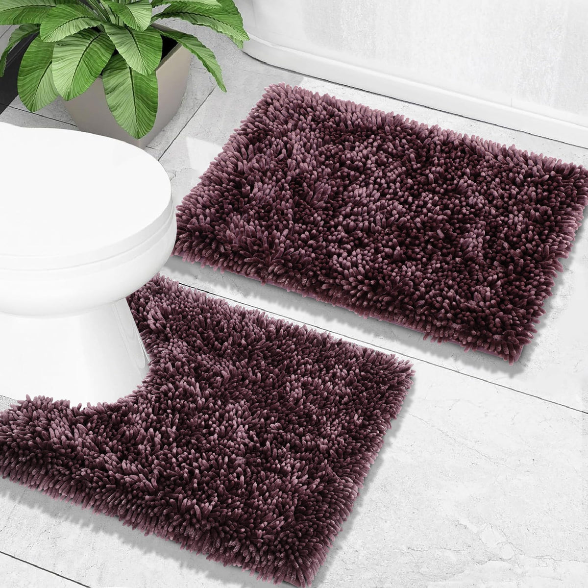 Yimobra Bathroom Rug Set 2 Piece, Luxury Shaggy Bath Mat Set with Non Slip Backing, Ultra Soft & Absorbent Mats for Bathroom Floor, Machine Washable, 31.5"x20"+24"x17", Dark Purple