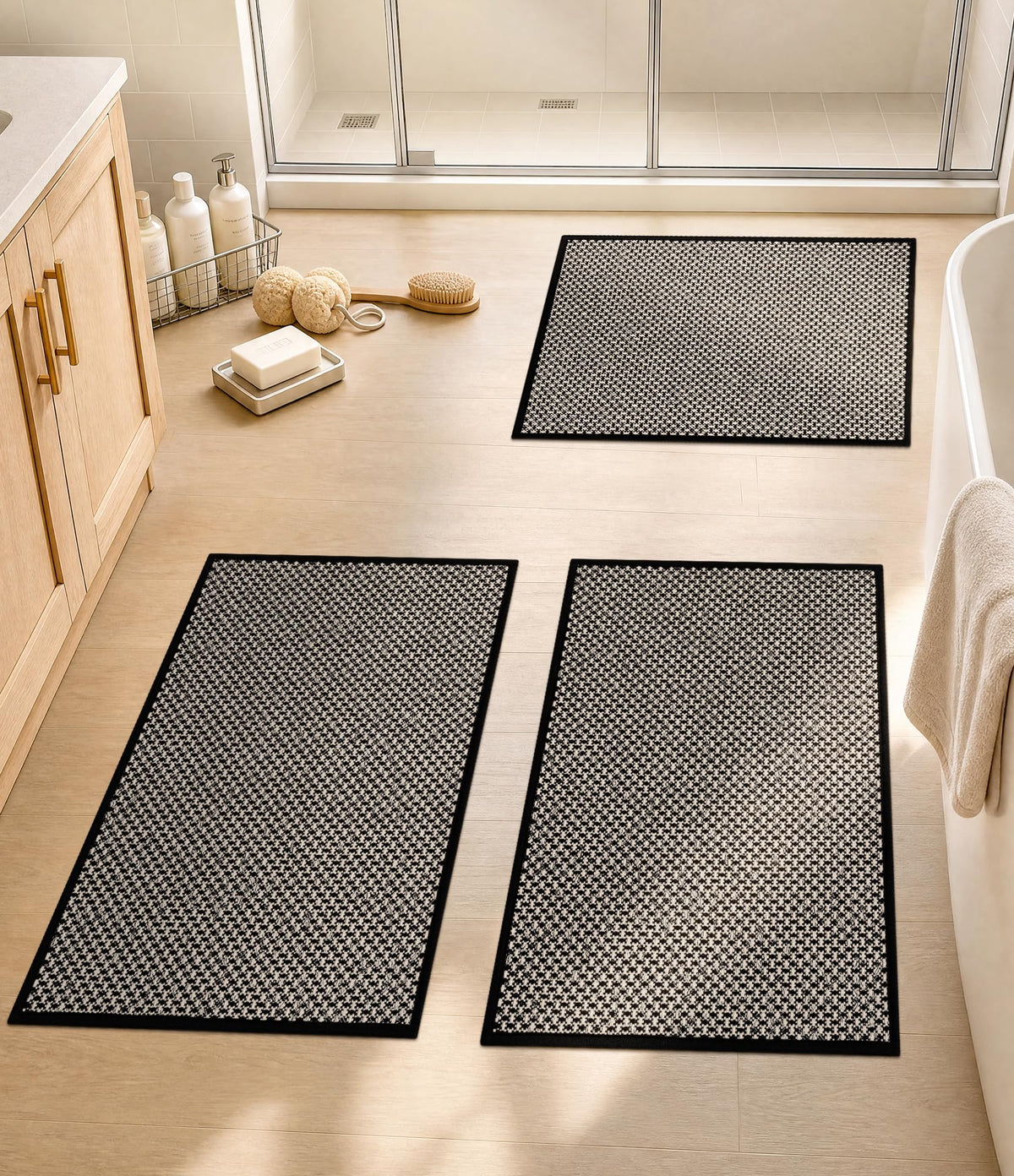 YIHOUSE Black Bathroom Rugs Sets 2 Pieces,Thin Bath Mat Quick Dry