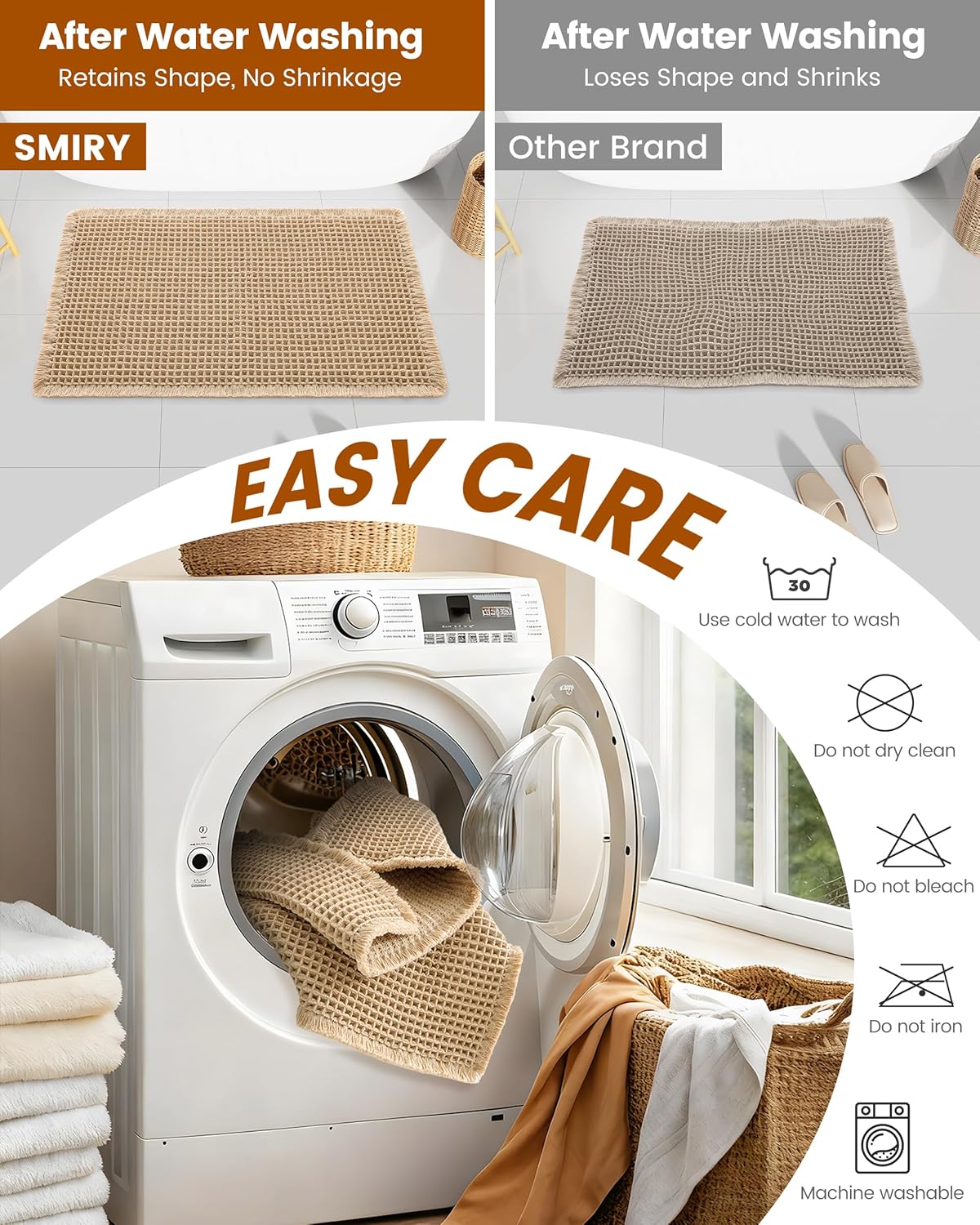 Smiry Waffle Bathroom Rugs Sets 2 Piece (30x20+24x16, Brown)