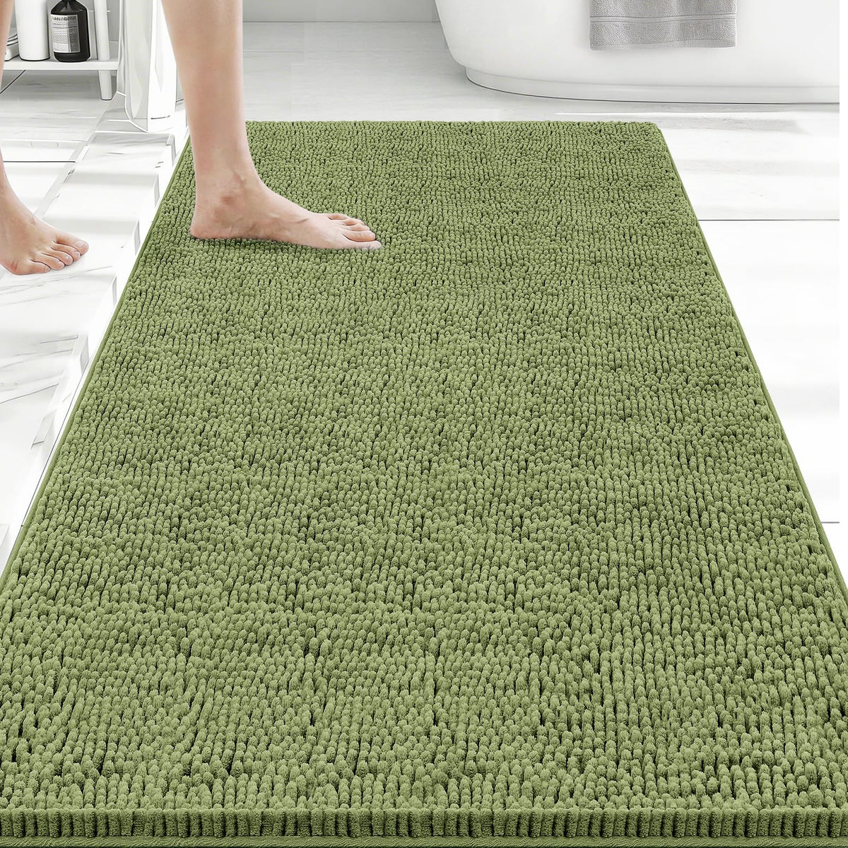 Bcoimo Bath Rug Mat,Sage Chenille High Absorbent Long Bathroom Runner Rugs