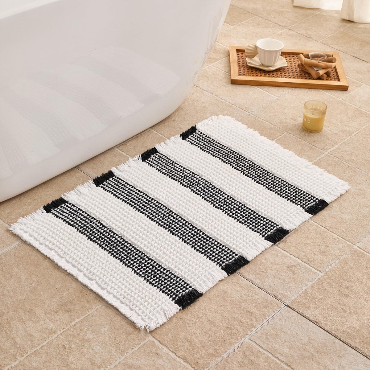 Waffle Bath Mat Non Slip, Boho Bathroom Rug, White/Taupe, 16"x24"