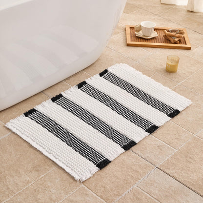 Waffle Bath Mat Non Slip, Boho Bathroom Rug, White/Taupe, 16"x24"