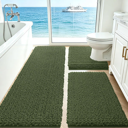 ACCUMTEK Upgrade Extra Large Black Bathroom Rug Set 3 Pieces Ultra Soft, Thick Absorbent Bath Mats, Non Slip Chenille Toilet Mat for Bathroom, Bedroom, Kitchen