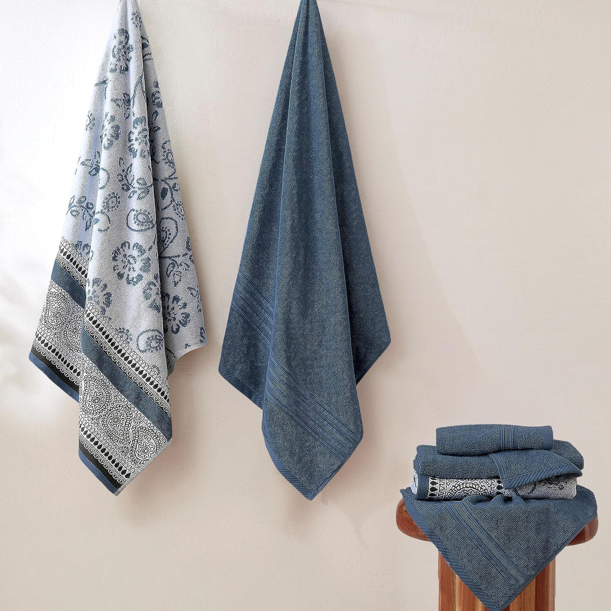 Modern Threads 6 Piece Bath Towel Set – Bathroom Set with 2 Bath Towels, 2 Hand Towels, and 2 Wash Cloths – 100% Cotton, Super Absorbent & Extra Soft – Reversible Floral Trail (Navy)