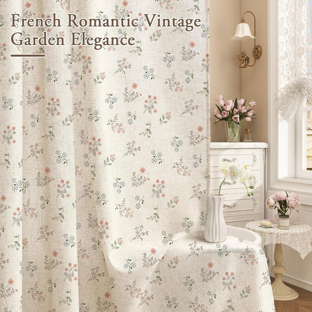 Farmhouse Linen Shower Curtain, Boho Garden Floral Curtain, 72 x 72