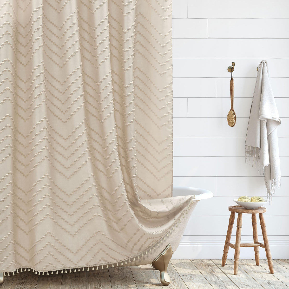 Siiluminisoy White Shower Curtain Fabric Boho Shower Curtain Cloth Textured Tufted Chevron Elegant Shower Curtains Waterproof for Bathroom 72" x 72"