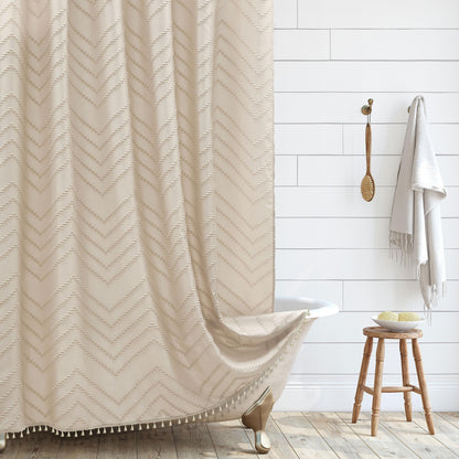 Siiluminisoy White Shower Curtain Fabric Boho Shower Curtain Cloth Textured Tufted Chevron Elegant Shower Curtains Waterproof for Bathroom 72" x 72"