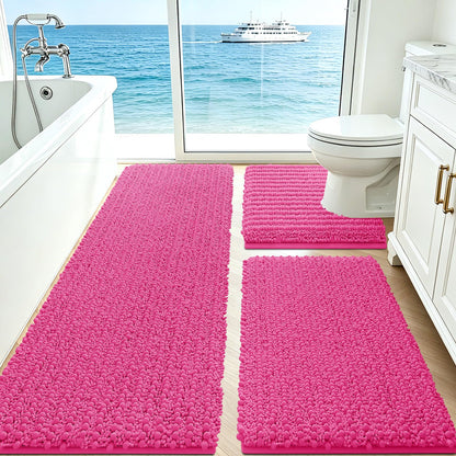 ACCUMTEK Upgrade Extra Large Black Bathroom Rug Set 3 Pieces Ultra Soft, Thick Absorbent Bath Mats, Non Slip Chenille Toilet Mat for Bathroom, Bedroom, Kitchen