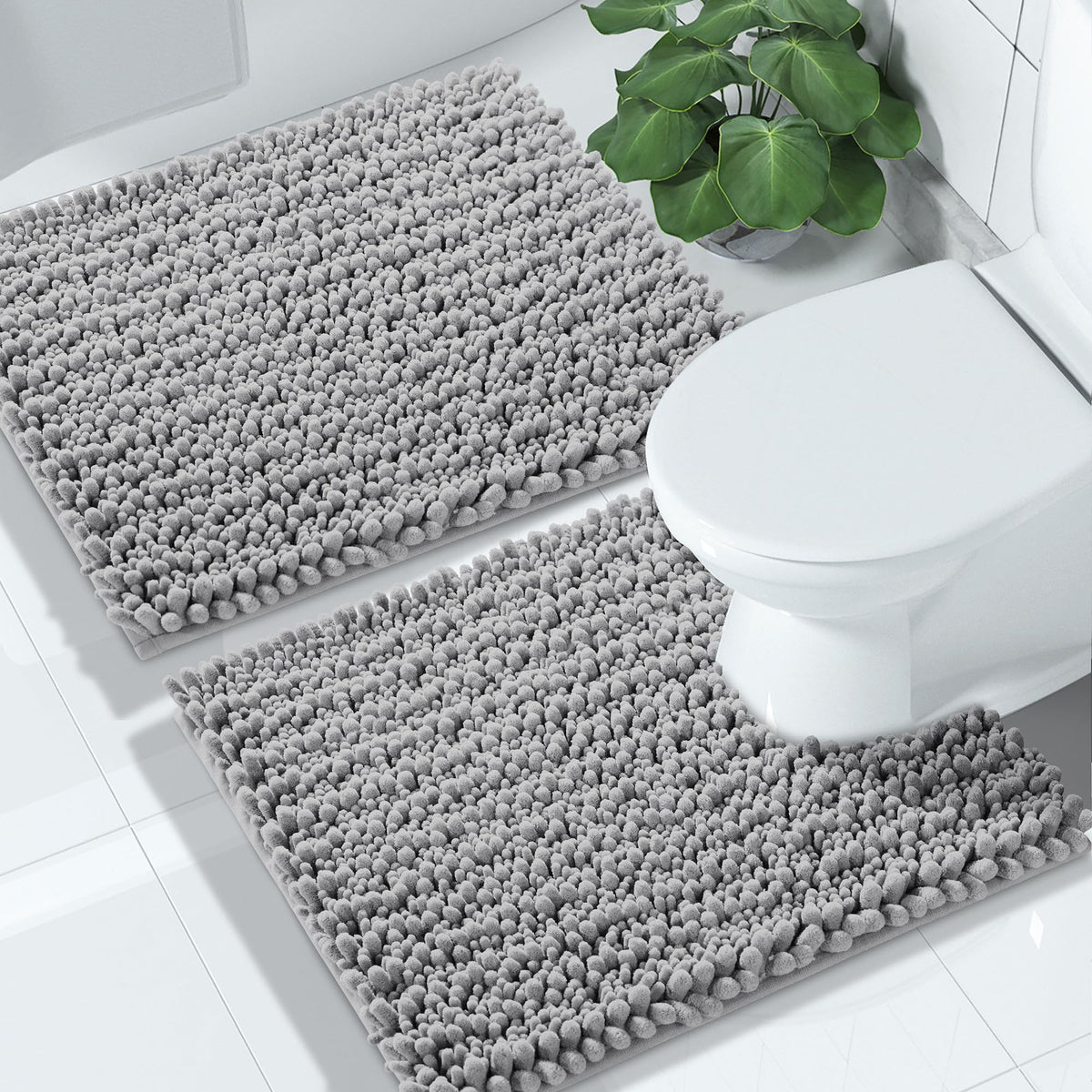 Yimobra Bathroom Rugs Sets 2 Piece - Quick Dry Extra Thick Luxury Chenille Bath Mat, Non Slip Super Absorbent for Tub Shower Sink, Machine Washable Shaggy Floor Mat, 32"x20"+24"x17" Inch, Pale Khaki