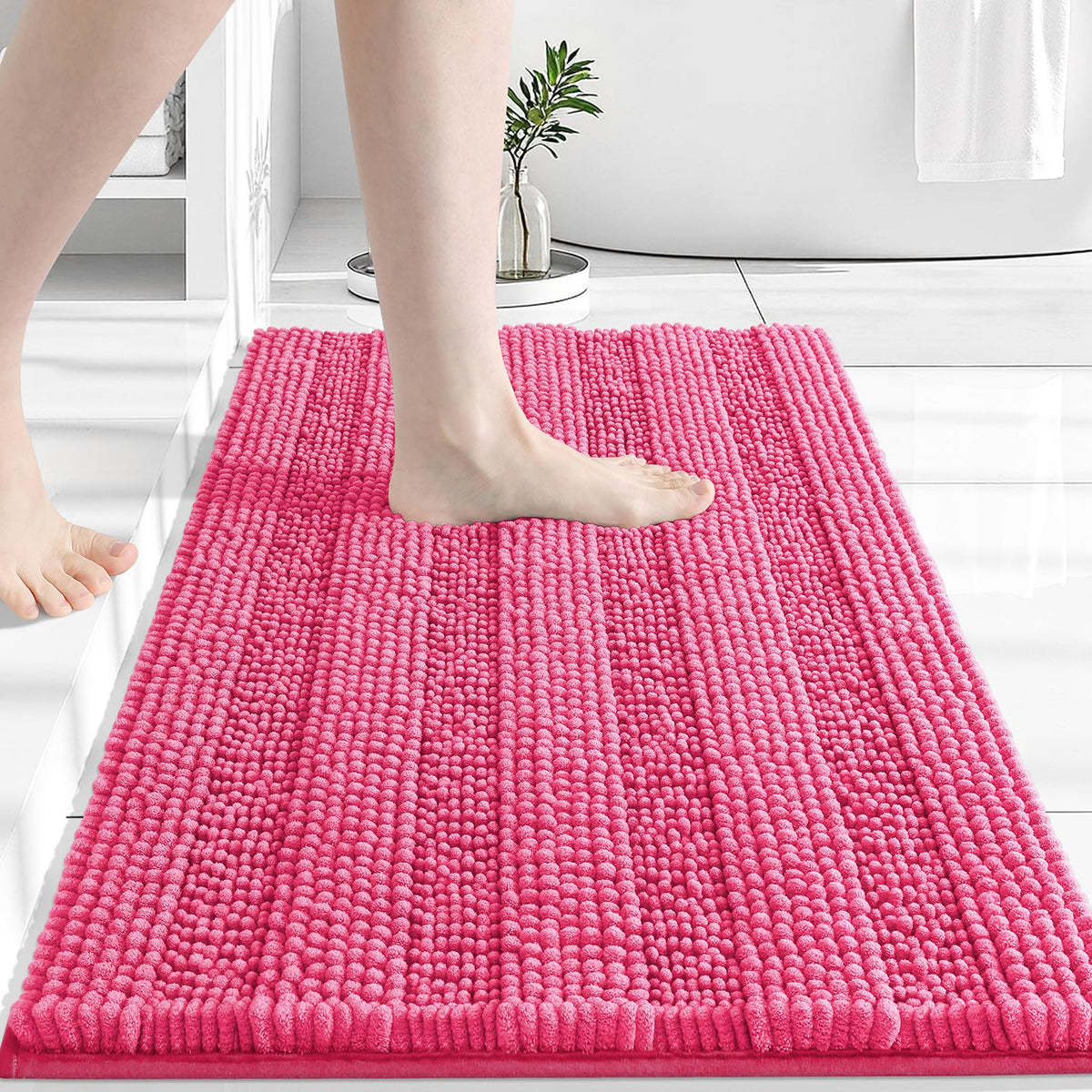 Grandaily Chenille Striped Bathroom Rugs 36x24, Extra Thick and Absorbent Bath Mats, Non-Slip Soft Plush Shaggy Shower Carpet, Machine Wash Dry, Bath Rug for Bathroom, (Large, Light Grey)