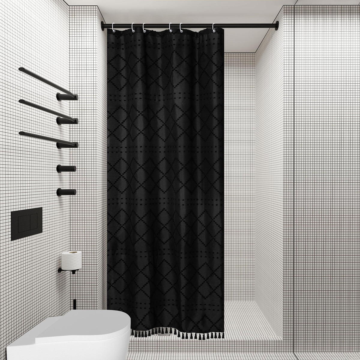 Siiluminisoy Navy Blue Shower Curtain Boho Shower Curtains Fabric, Tufted Chevron Textured Striped Modern Minimalist Cloth Shower Curtain for Bathroom, 72 x 72