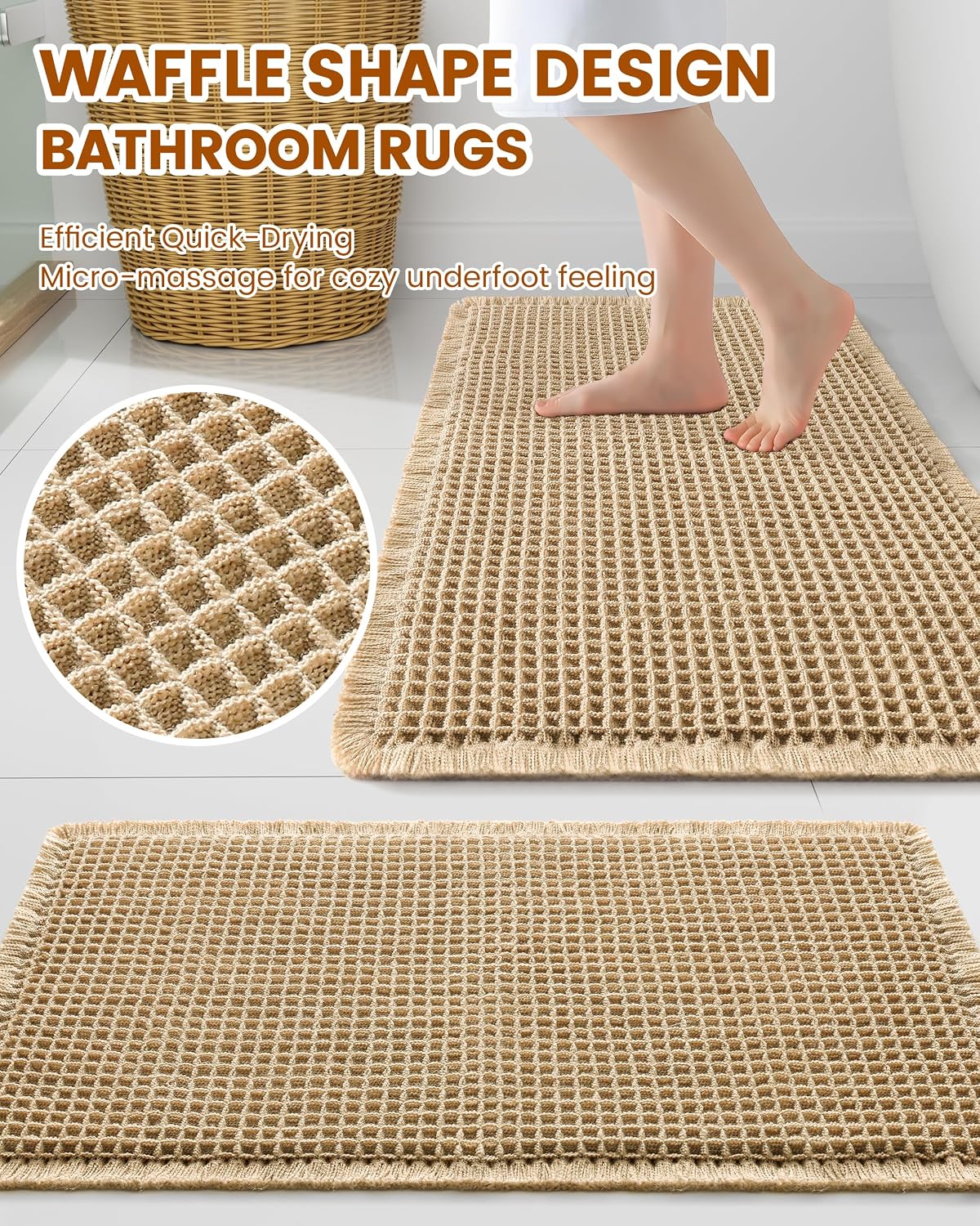 Smiry Waffle Bathroom Rugs Sets 2 Piece (30x20+24x16, Brown)